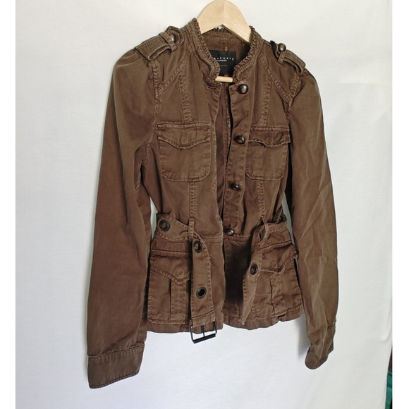 Sanctuary Clothing Military Style Jacket Brown Green Utility Belted Ruffle S M - Picture 5 of 9